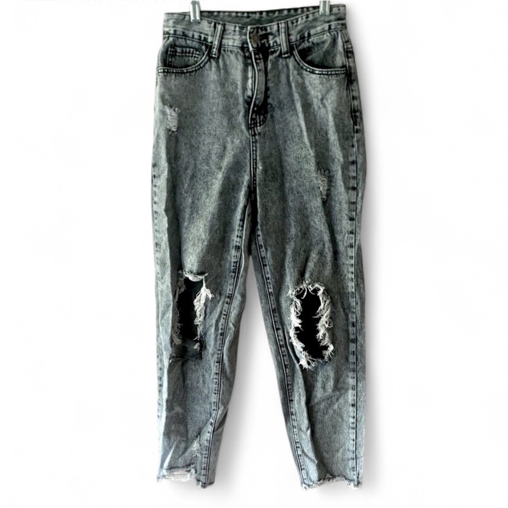SHEIN CHARCOAL GRAY HIGH RISE CUT OFF DISTRESSED MOM DENIM JEANS SIZE SMALL